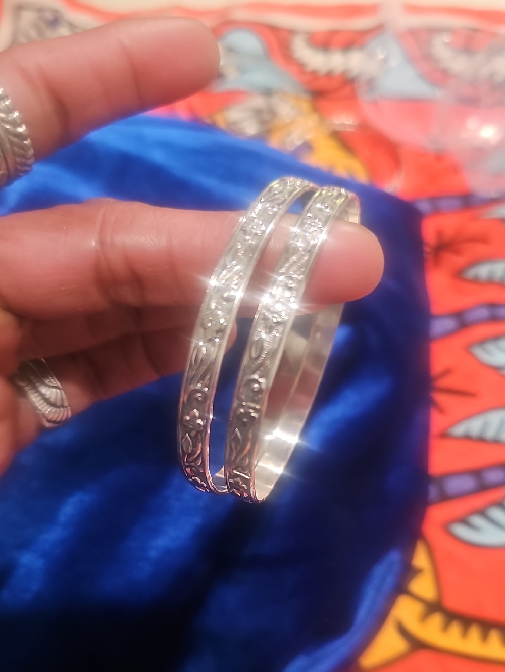 925 Sterling Silver Floral Engraved Bangle Bracelet Set Of Two Ladies Size 8